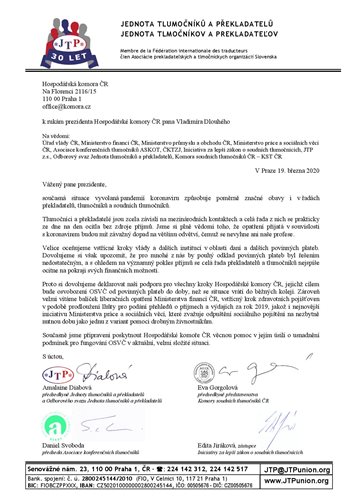 Dopis profesních sdružení tlumočníků a překladatelů Hospodářské komoře v souvislosti s koronavirem